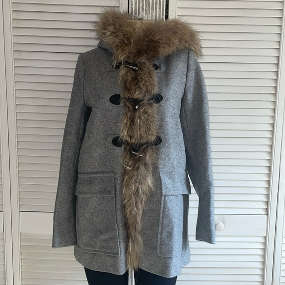 Maje- Grey Parka Coat with Fur Trim size 38= US 6 - Picture 1 of 8